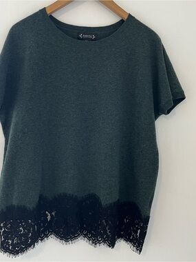 Nannette Dark Green Short Sleeve with Merino Wool Blend Top with Black Lace Trim